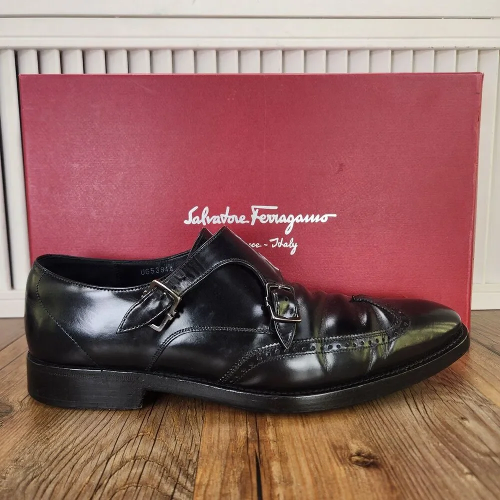 Salvatore Ferragamo Double Monk Strap Wingtip Dress Shoes Mens 8.5D Black Brogue
